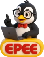 Pingwin Epee siedzi przy komputerze i pokazuje palec w górę.