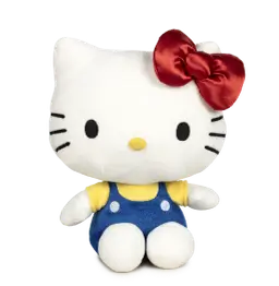 Pluszowa Hello Kitty w niebieskim ubranku z czerwoną kokardką